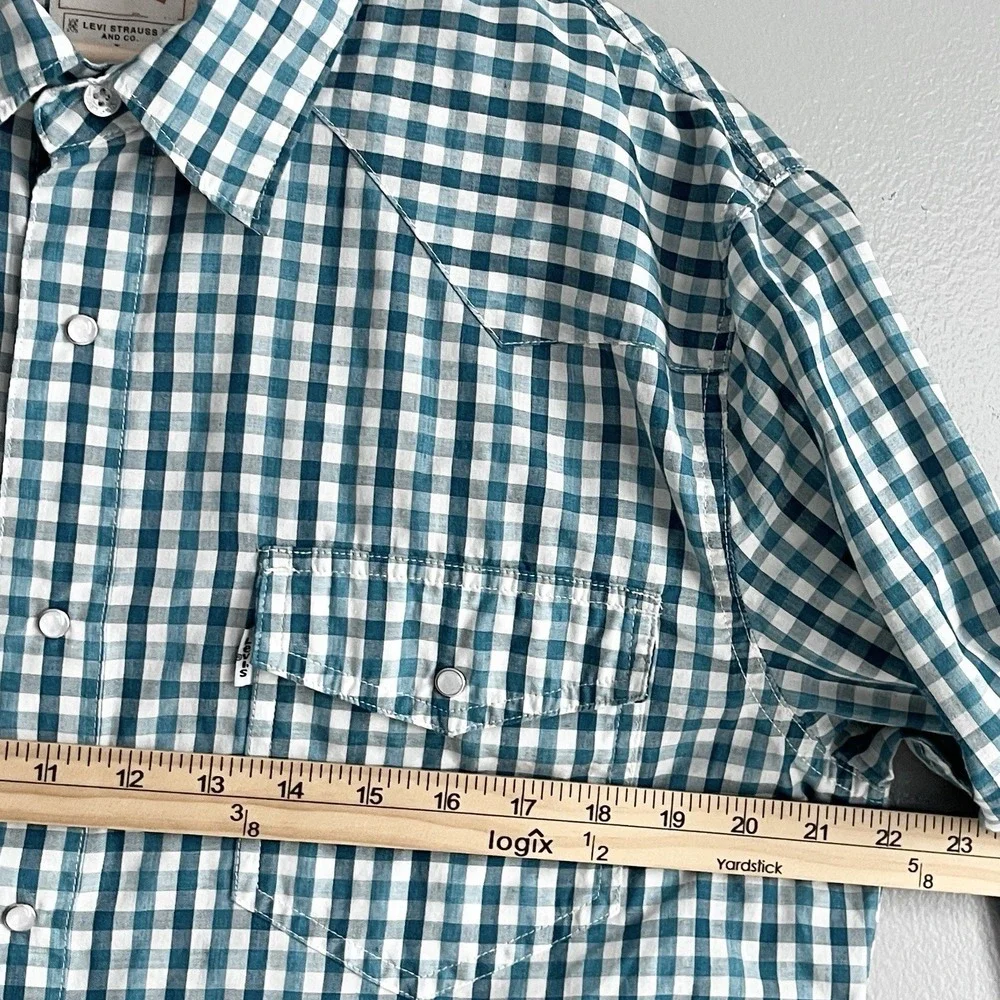 Levi's Men's Teal Gingham Plaid Check Pearl Snap Shirt Western Long Sleeve Large